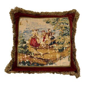 Bosporus Toile 20'' Decorative Throw Feather Pillow Velvet Silk Fringe Red Gold